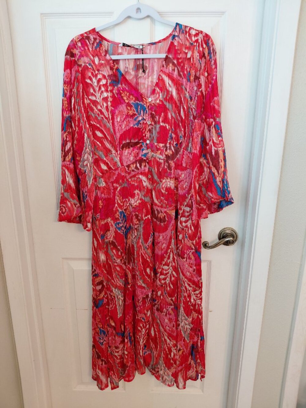 New Zara Red Metallic Abstract Floral Print Maxi Dress Flowy Summer Resort